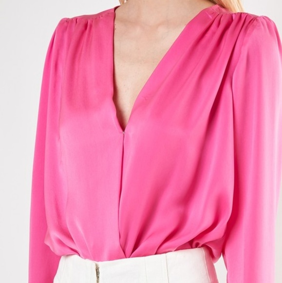 Neon Night Satin Surplice Bodysuit in Hot Pink - Picture 4 of 8